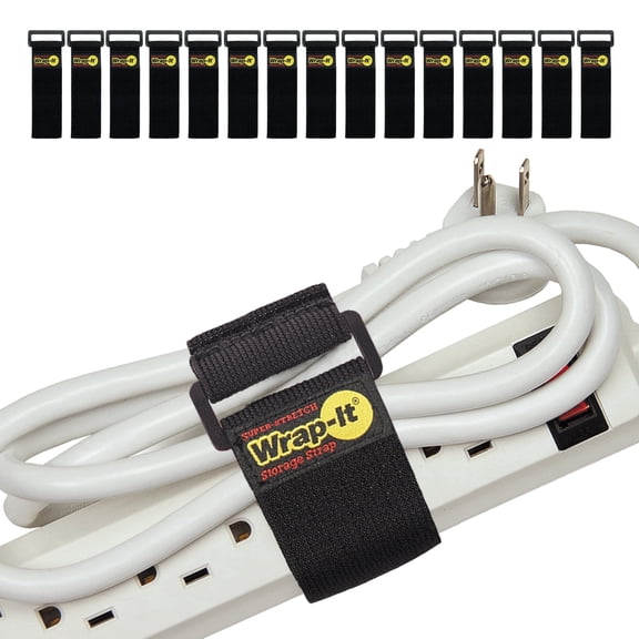 Super-Stretch Wrap-It Storage Straps - 9" (15 Pack) - Elastic Cinch Straps for Extension Cord Management, Cable Storage with Hook and Loop Closure - Black