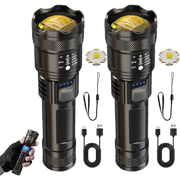 Super Strong Light Zoomable Flashlight, High Lumens Waterproof Rechargeable LED Super Bright Flashlight, 3 Mode Multi-Functional Strong Flash Light High Beam, Emergency Home Camping (2PCS)