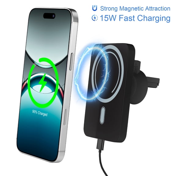 Super Strong Magsafe Car Mount with 15W Fast Wireless Charging,360°Adjustable Magnetic Wireless Car Charger, Air Vent Phone Holder Car Mount,Black