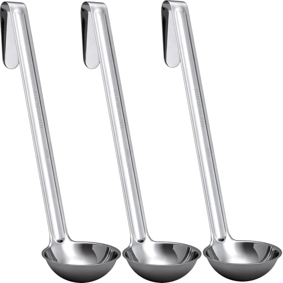 Super Sturdy, Ergonomic 1 Oz. Soup Ladle 3 Pk. Stainless Steel Ladles with Long Handles. Best Kitchen Accessories for Stirring, Portioning and Serving Soups, Chili and Stew in Restaurants and at Home