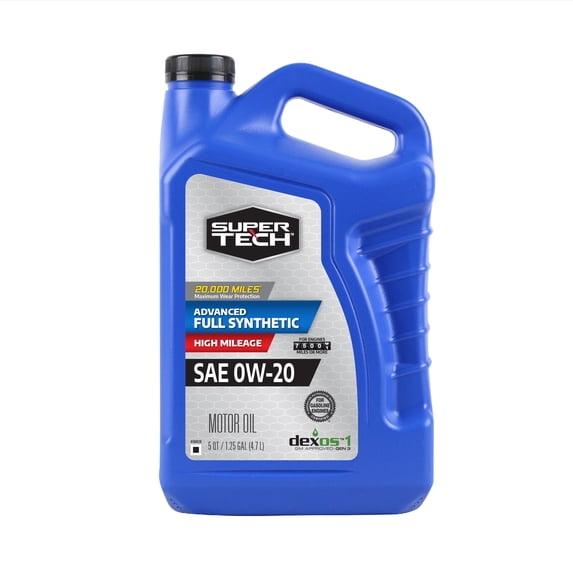 Super Tech High Mileage Full Synthetic SAE 0W-20 Motor Oil, 5 Quart Jug for Gasoline Engines