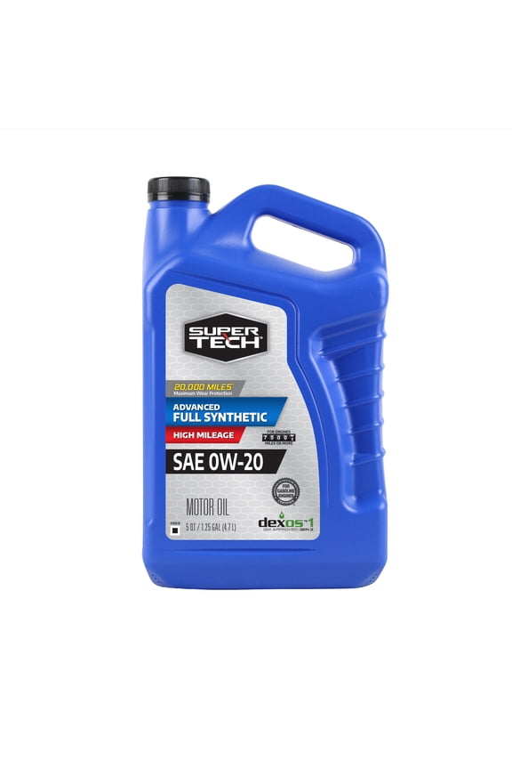 High Mileage Full Synthetic SAE 0W-20 Motor Oil, 5 Quart Jug for Gasoline Engines