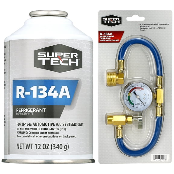 Super Tech R-134A Refrigerant 12-Pack (12 oz) with Charging Hose & Pressure Gauge