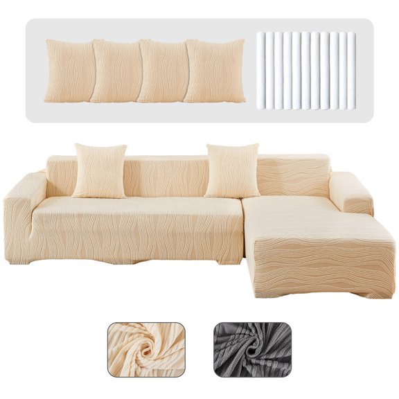 Super Thick Sectional Couch Covers L Shape Sofa Covers Stretch 2pcs Sofa Slipcovers for 3 Seater + 3 Seater Sectional Chaise Slipcover with 4pcs Pillow Covers for Pets, Beige Weave