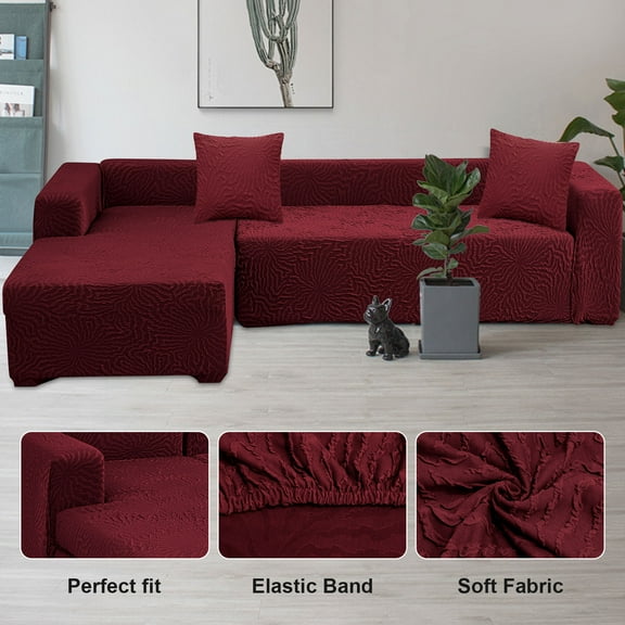 Super Thick Sectional Couch Covers L Shape Sofa Covers Stretch 2pcs Sofa Slipcovers for 3 Seater + 4 Seater Sectional Chaise Slipcover with 2pcs Pillow Covers for Pets, Burgundy