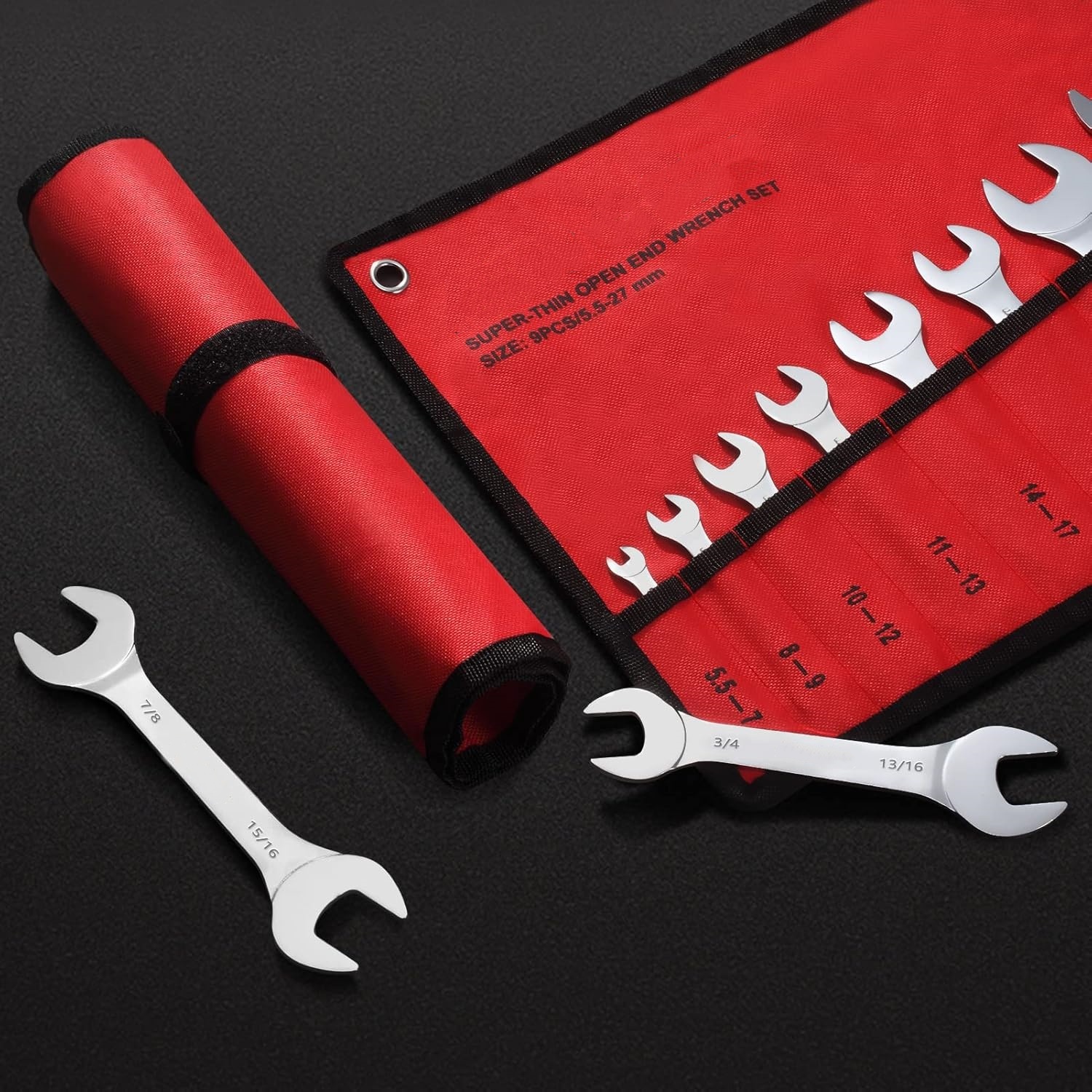 Super-Thin Open End Wrench Set, 18-Piece SAE & Metric 1/4" to 1-1/16" and 5.5mm to 27mm Chrome Vanadium Steel Wrench Set with Rolling Pouch