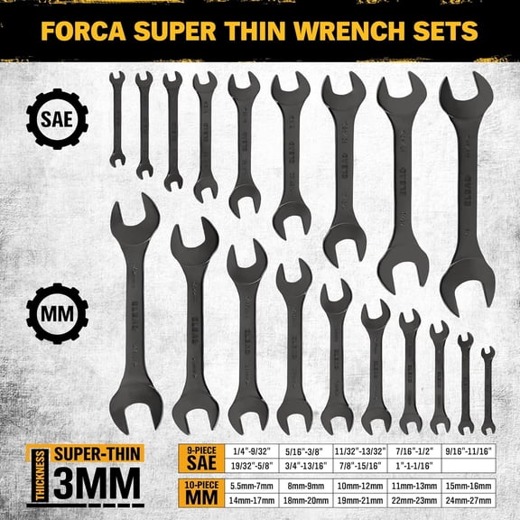 Super-Thin Open End Wrench Set | 19-Piece SAE & Metric Sizes | CR-V Nickel Plated | Ultra-Slim Design | Corrosion-Resistant | Roll-Up Pouch for Mechanics