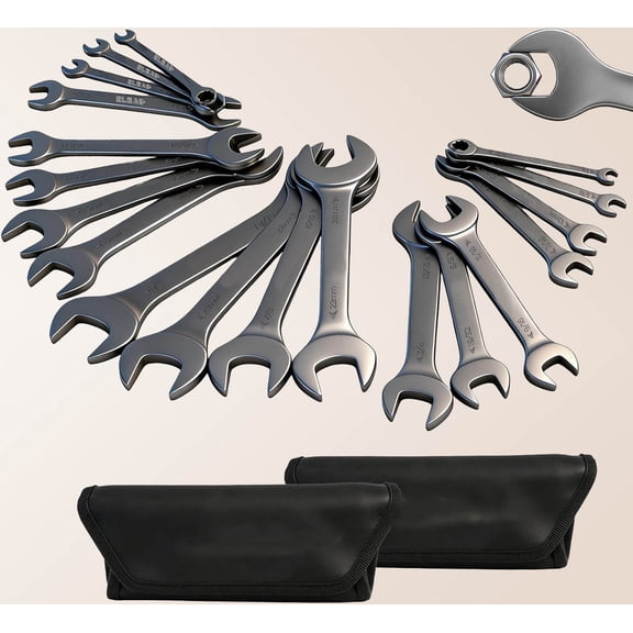 Super-Thin Open End Wrench Set | SAE & Metric | CR-V Nickel Plated | Ultra-Slim Design | Corrosion-Resistant | Roll-Up Pouch