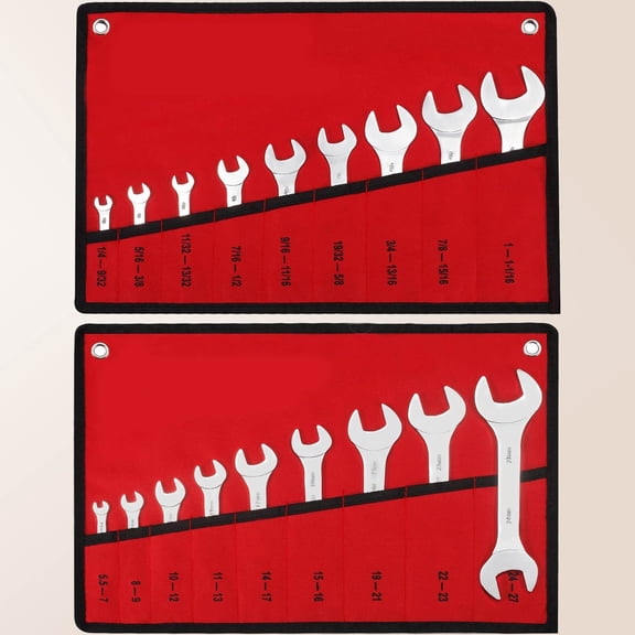 Super-Thin Open End Wrench Set, SAE & Metric Chrome Vanadium Steel with Rolling Pouch