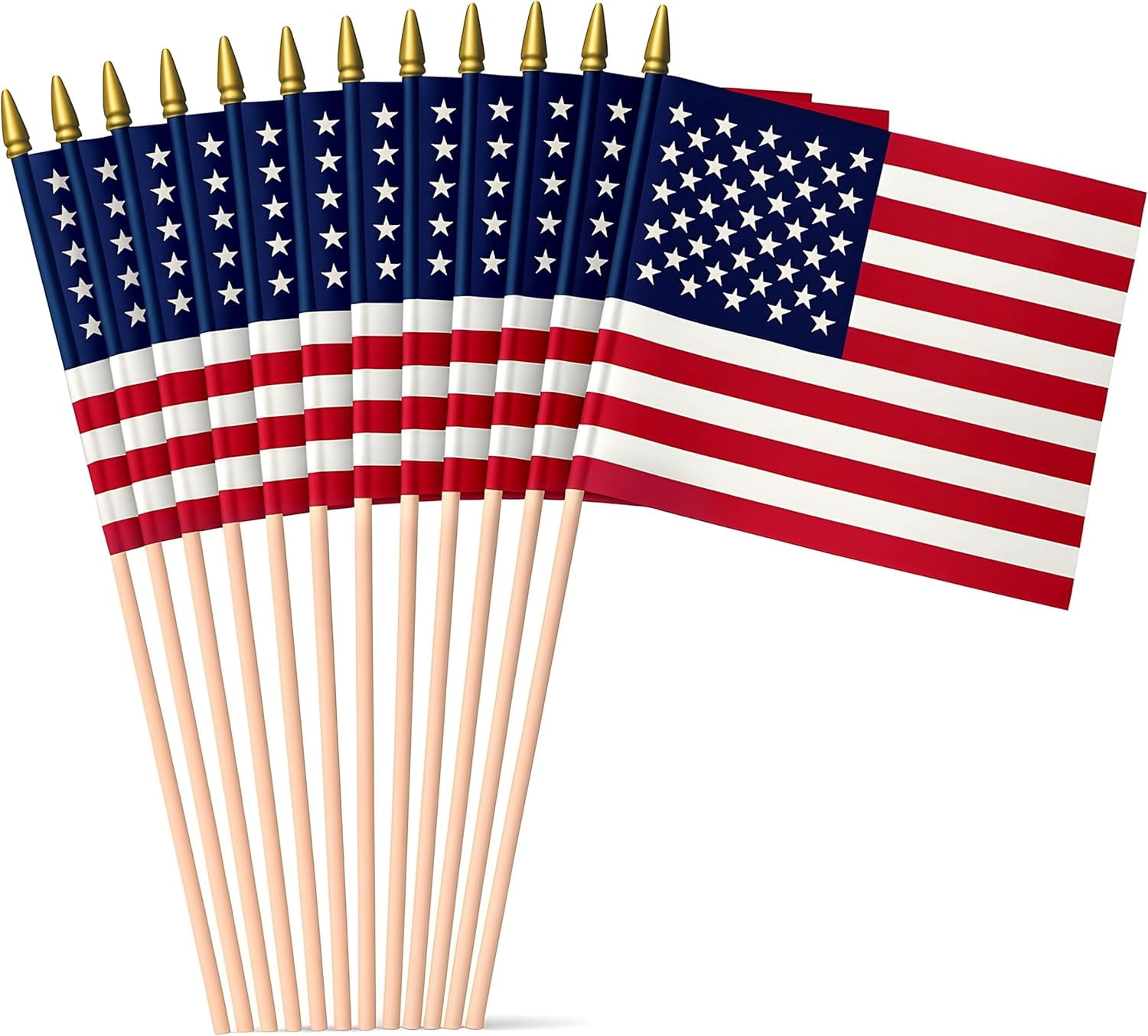 Super Tough American Flag | 1x1.5 FT Outdoor USA Flag | 30" Durable Wooden Stick with Spear Tip & Stars | 12x18 in Heavy Duty Most Durable Cotton US Stick Flag | Made in USA | 12 Pack