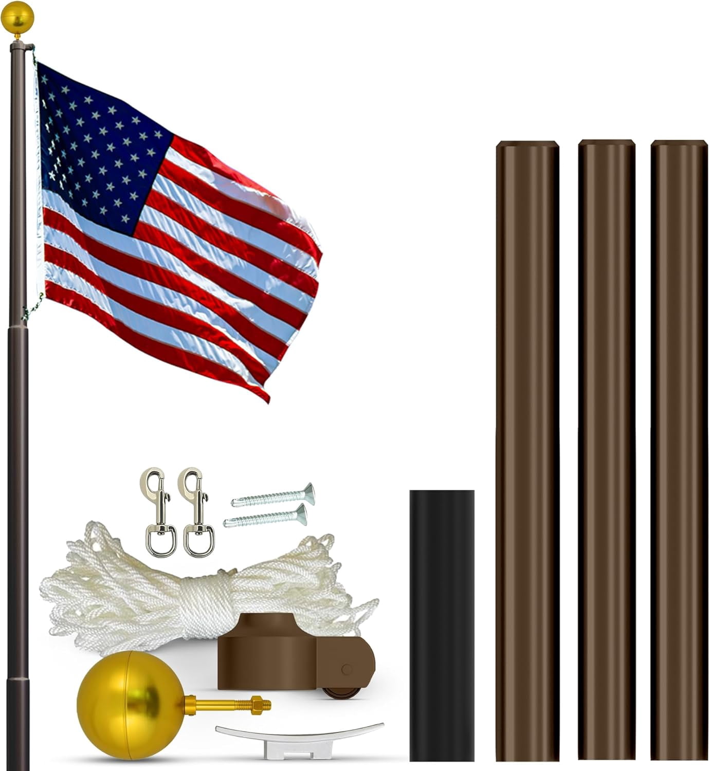 Super Tough USA-Made 20ft Heavy Duty Flag Pole for Outside House -Bronze Anodized - Residential In-Ground Flagpole - 3-Section High-Grade Aluminum - Includes All Accessories