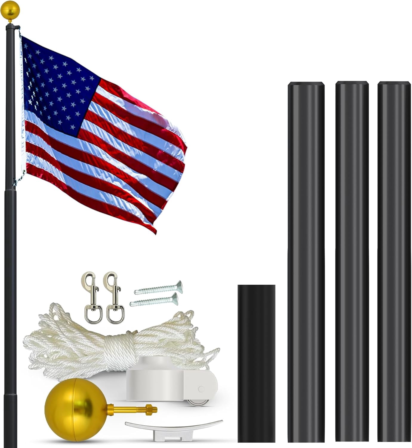 Super Tough USA-Made 20ft Heavy Duty Flag Pole for Outside House - Black Anodized - Residential In-Ground Flagpole - 3-Section High-Grade Aluminum - Includes All Accessories