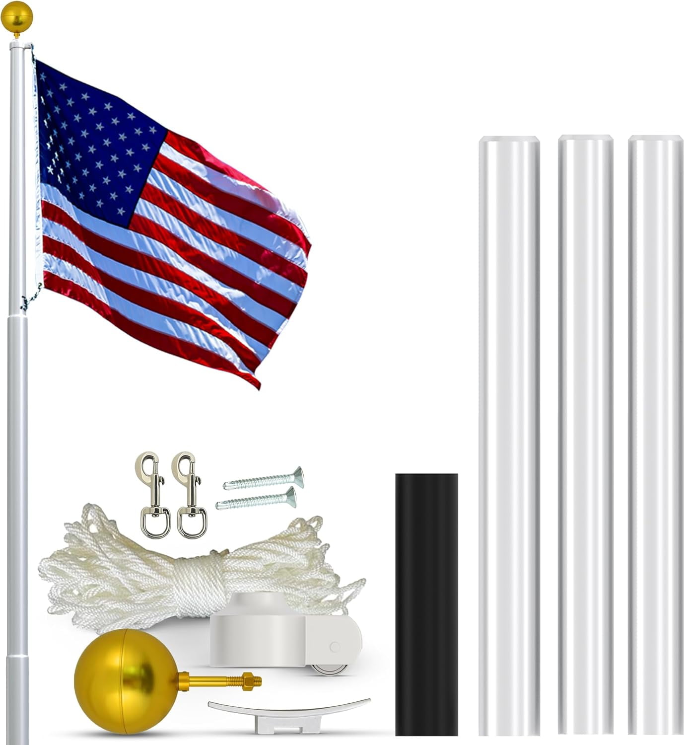Super Tough USA-Made 20ft Heavy Duty Flag Pole for Outside House - Clear Anodized - Residential In-Ground Flagpole - 3-Section High-Grade Aluminum - Includes All Accessories