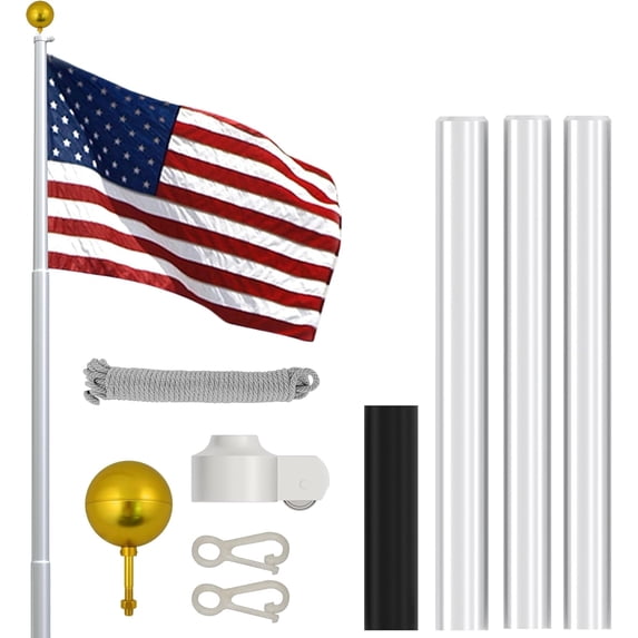Super Tough USA-Made 20ft Heavy Duty Flag Pole for Outside House - Clear Powder Coat - Residential In-Ground Flagpole - 3-Section High-Grade Aluminum - Includes All Accessories