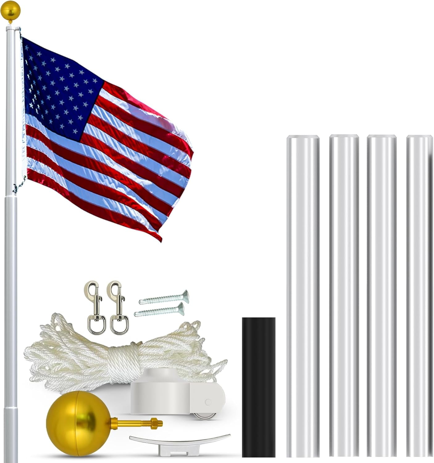 Super Tough USA-Made 25ft Heavy Duty Flag Pole for Outside House - Clear Anodized - Residential In-Ground Flagpole - 4-Section High-Grade Aluminum - Includes All Accessories