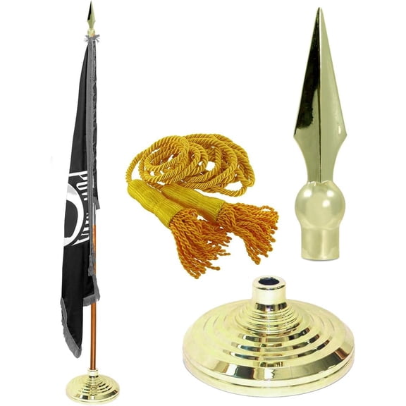 Super Tough POWMIA State Indoor Flag 3ft x 5ft, Flagpole, Base & Tassel | Indoor Flag with Gold Fringe & Pole Kit | Aluminum Brass Finish Flagpole, Shiny Gold | Metal Spear- 7 ft Pole