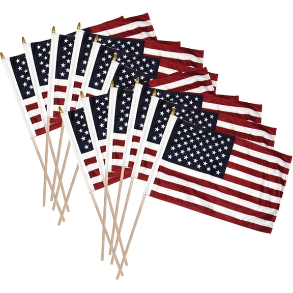 Super Tough American Flag | 1x1.5 FT Outdoor USA Flag | 30" Durable Wooden Stick with Spear Tip | 12x18 inch Heavy Duty Durable Polyester | Double Sided | US Stick Flag | All-Weather Flag | 12 Pack