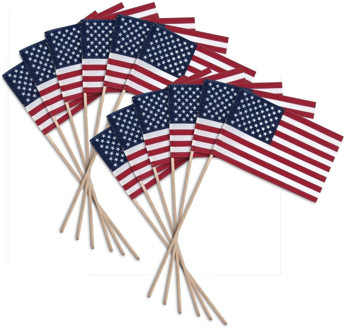 Super Tough Small American Stick Flags 8’’x12’’ | Cotton Outdoor Flag on 24’’ Wooden Stick | Hand Held Flags Patriotic Decor for Various Holiday Parties and National Flag Day | 12 Pack