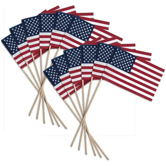 Super Tough Small American Stick Flags 8x12 | Cotton Outdoor Flag on 24 Wooden Stick | Hand Held Flags Patriotic Decor for Various Holiday Parties and National Flag Day | 12 Pack