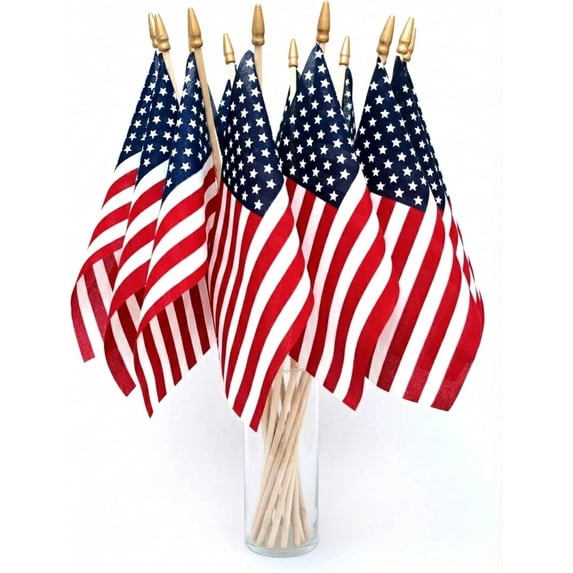Super Tough - 8" X 12" Cotton U.S. Stick Flags | 24" Wooden Stick With Gilt Spear Tip | Small American Flags On Stick | American Flag Small With Stick For Patriotic Events | Sewn Edges | 12 Pack