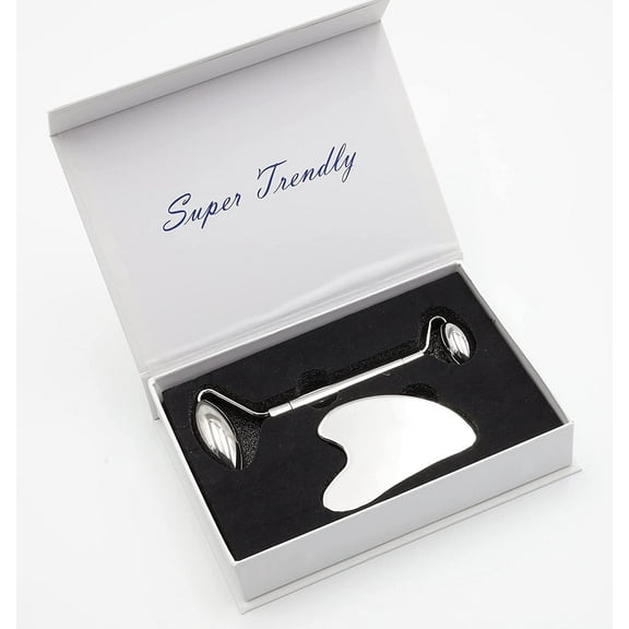 Super Trendly Stainless Steel Face Roller, Gua Sha Fascial Massage Tool and Stainless Steel Roller for Face and Neck Soft Tissue Mobilization. Gift for Her.