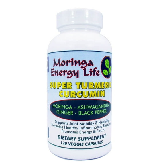 Super Turmeric Curcumin Capsules by Moringa Energy Life, Superfood Plus Ashwagandha, 120 Capsules