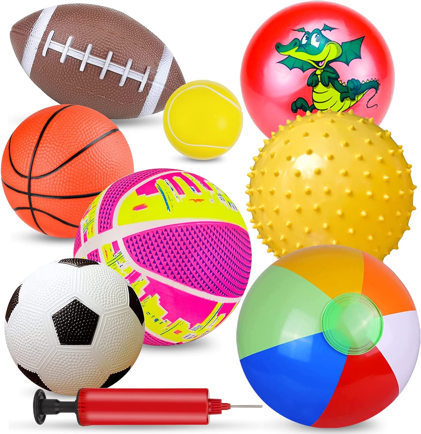 Super Value Set of 8 Inflatable Sport Balls for Kids Soccer, Football