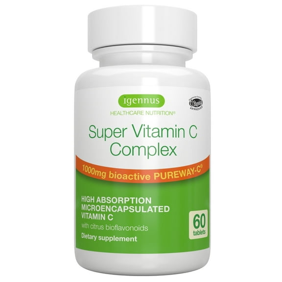 High Absorption Super Vitamin C, Clean Label Pureway-C 1000mg, Vegan Vitamin C with Bioflavonoids, 60 Servings, 24-Hour Action, Immune Health, Energy, Heart & Brain, by Igennus