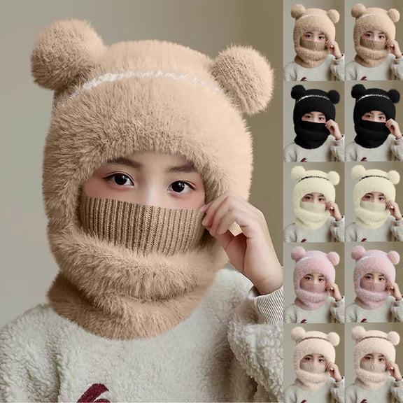 Super Warm Bear Shape Toddler Winter Hat Scarf Set 3-6 Years,Children'S Hat Piece Hairy Double-Layer Pullover Hat Winter Thick Warm Scarf Hat,Unisex Infant Toddler Kids Hat Scarf