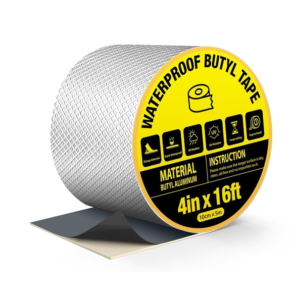 Super Waterof Butyl Tape 4 Inch, 4" x 16ft Sticky Aluminum Foil Leakof Sealant for Metal Roofing, RV Roof Repair, Gutter Leak, Boat, Pipe, Window & Glass Sealing
