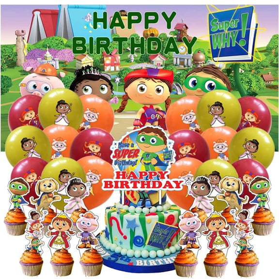 Super Why Birthday Party Decor Set - 5x2.3ft Themed Backdrop Banner, Latex Balloons & Cake Toppers Party Supplies