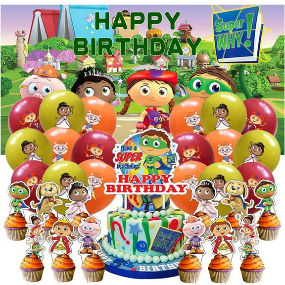 Super Why Birthday Set Party Decor Decorations for Kids Supplies Kit Latex Balloons Banner Backdrop Cake Topper Fans