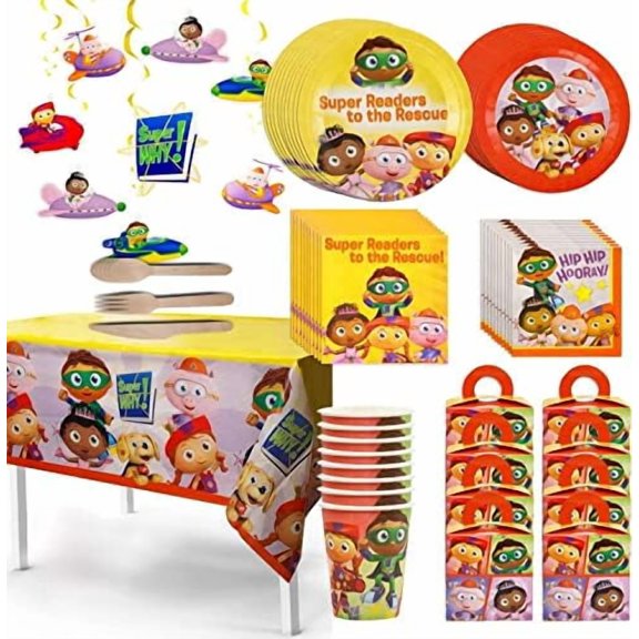 Super Why! Party In A Box Complete Party Kit: 8 Plates, 8 Dessert Plates, 20 Napkins, 8 Cups, 8 Favor Boxes, 24 Utensils, 1 Tablecloth, & 1 77" Banner - All Characters Included!