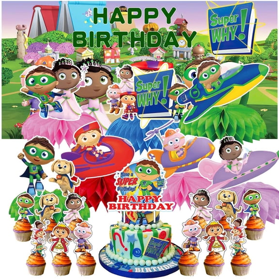 Super Why Party Decorations Banner Decor Supplies Honeycomb Centerpieces Table Toppers Cake Toppers for Birthday Photo Props