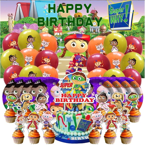 Super Why Themed Birthday Party Decor Set - Balloons, Paper Plates, Cake Toppers, Tableware & 5x2.3ft Backdrop Banner