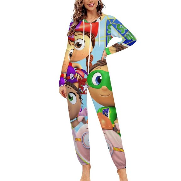 Super Why Womens Mens Hooded Jumpsuit - Zip Up One Piece Pajamas Soft Cozy Winter Warm Plush Loungewear