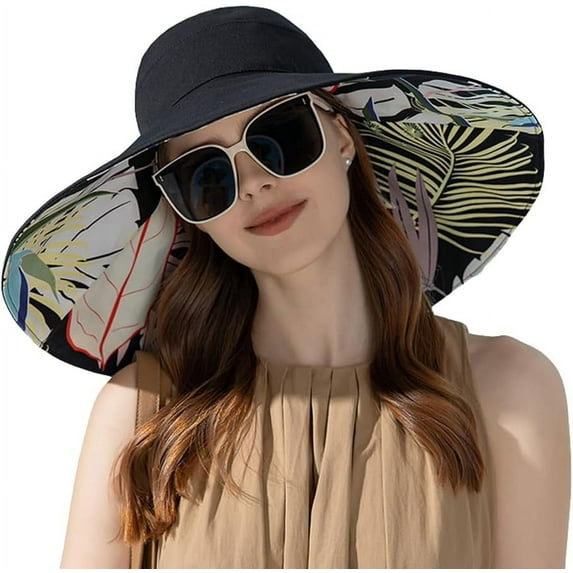 Super Wide Brim Sun Hat for Women Packable Reversible Double-Side-Wear Hats UV Protection Summer Beach Bucket Cap