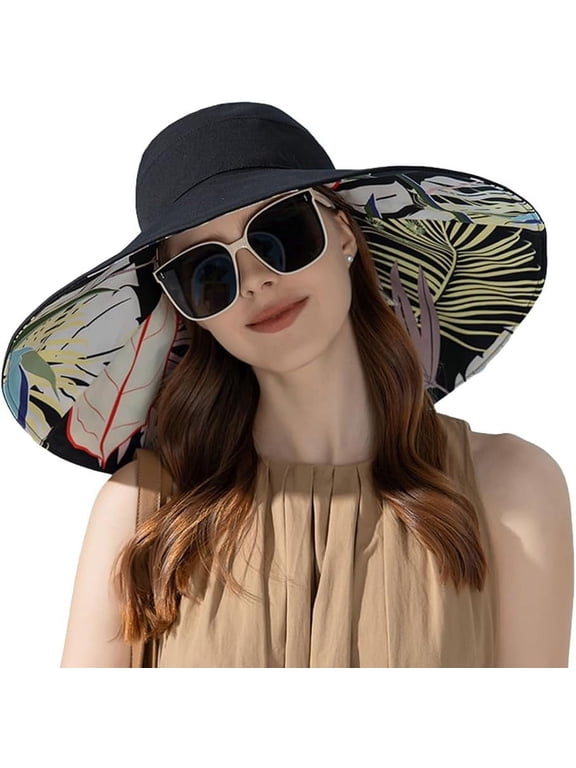 Super Wide Brim Sun Hat for Women Packable Reversible Double-Side-Wear Hats UV Protection Summer Beach Bucket Cap