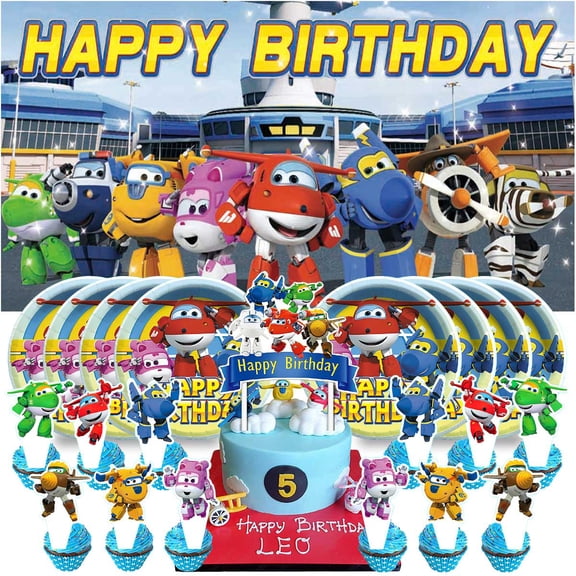 Super Wings Birthday Party Decor Set - 5x2.3ft Backdrop Banner, Paper Plates, Cake Toppers & Fan Decorations