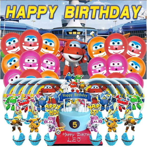 Super Wings Themed Birthday Party Decor Set - Balloons, Paper Plates, Cake Toppers, Tableware & 5x2.3ft Backdrop Banner