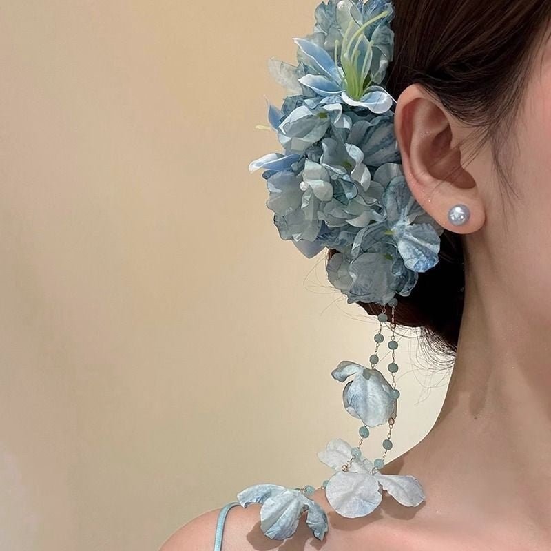 Super fairy pink flower tassel hair clip for women, high-end large size summer vacation photo-ambient hair accessory