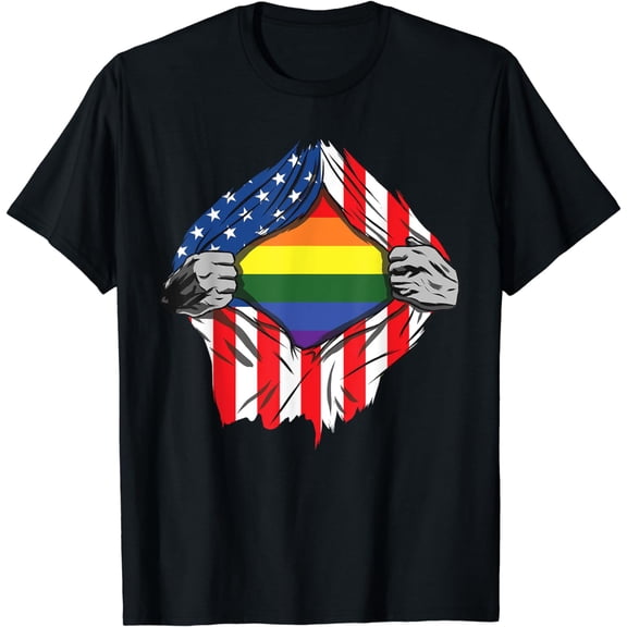 Super-hero American LGBT-Q Cool Gay Pride Rainbow Flag Ally T-Shirt