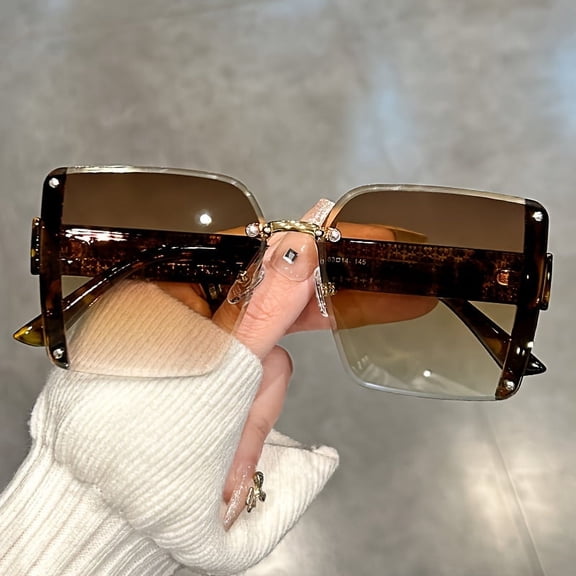 Super large frameless sunglasses Men's casual gradient color fashion anti -glare suitable for holiday beach party,-Leopard