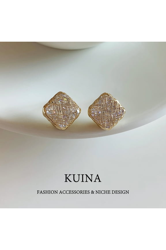 Super shiny gold grid square earrings female sterling silver pin earrings premium sense of niche design unique zirconia ear jewelry