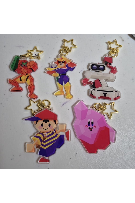 Super smash bros kirby Metroid F-zero earthbound - 2.5 inch keychains - kirby R.O.B. Samus ness Falcon - low poly art Retro (1 keychain)