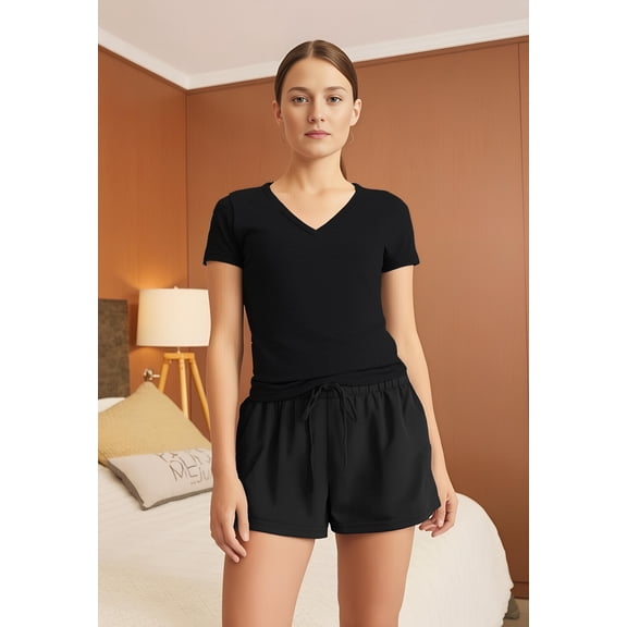 Cherryloom soft PJ v-neck tee and drawstring shorts PJ set in black cotton/modal blend