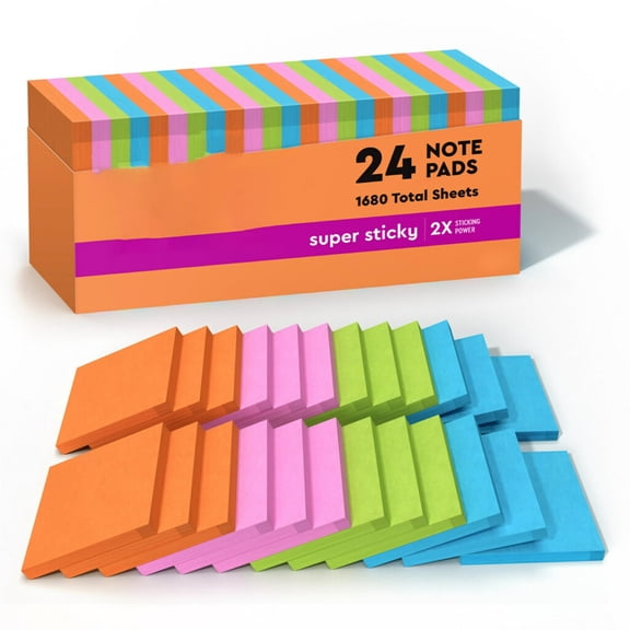 Super sticky notes, 24 pads of 3x3 inch sticky notes for office, , home, vertical surfaces like walls, windows, monitors, energy boost collection, multicolor