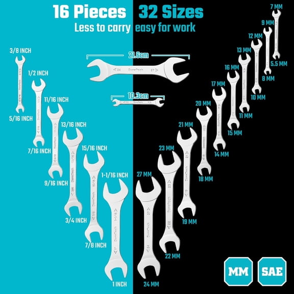 Super-thin Open End Wrench Set, SAE(5/16" to 1-1/16") & Metric(5.5mm to 27mm), 16-Piece, Slim Spanner Wrench Set with Rolling Pouch