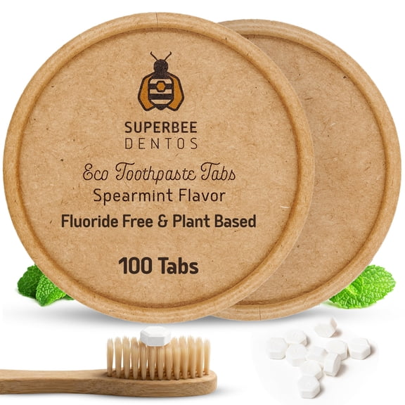 SuperBee Dentos Toothpaste Tablets, 100 Tabs, Fluoride Free & Eco Friendly, Travel Mouthwash Tablets, Sensitive Bites Kids Adults, Chewable Tablet, Spearmint