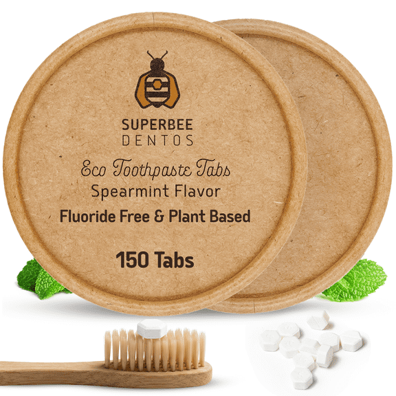 SuperBee Dentos Toothpaste Tablets, 150 Tabs, Fluoride Free & Eco Friendly, Travel Mouthwash Tablets, Sensitive Bites Kids Adults, Chewable Tablet, Spearmint